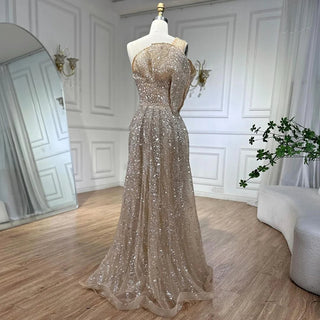 2024 Nude One-Shoulder Split Beaded Dubai Luxury Mermaid Evening Dress - Gown for Women's Wedding Party