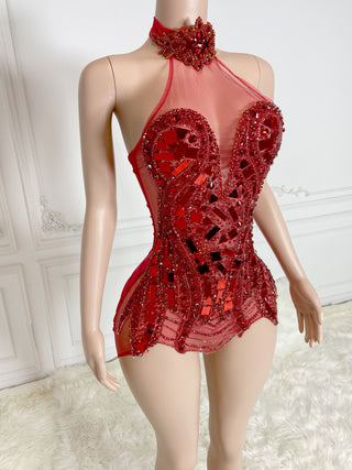 Dazzling Red Sequin and Bead Embellished Mini Dress with Sheer Panels and High Neck