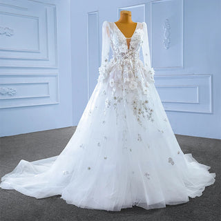 Illusion V-Neck Long Sleeve Wedding Dress with Appliqued Flowers