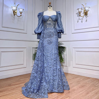 Arabic Elegance: Long-Sleeved Blue Mermaid Evening Dresses with Overskirt, Perfect for Wedding Parties and Plus-Size Women