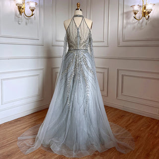 Luxury Dubai Blue Evening Dresses with Cape Sleeves: Elegant Silver Gray and Gold for Women's Wedding Party Gown