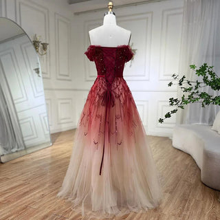 Gradual Change Red A-Line Elegant Evening Dress 2024 - Beading Sequins, Boat Neck Formal Dress Design