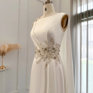 Luxury Dubai White Evening Dress with Beaded Cape: Elegant Arabic Women's Prom Formal Dresses for Wedding Party