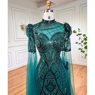 Emerald Green Luxury Dubai Evening Dresses with Cape Sleeves: Arabic Muslim Women's Wedding Party Gowns