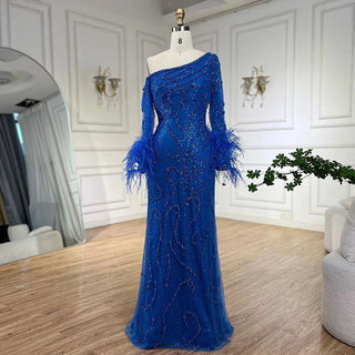 Ships in 1 to 3 Days - Blue Mermaid Elegant One-Shoulder Beaded Feathers Luxury Evening Dress Gown for Women's Wedding Party 2024