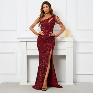 Sexy Slit Burgundy Sequin Dress - One-Shoulder Beaded Long Evening Party Maxi Dress for Women