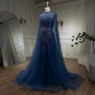 Blue A-Line Cape High Neck Beaded Evening Gown for Plus Size Party