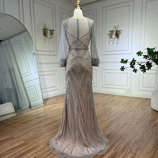 Arabic Silver Nude Elegant Mermaid Beaded Luxury Dubai Evening Dresses Gowns For Women Wedding Party 2024