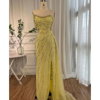 Yellow Mermaid Sexy High Split Evening Gown: One Shoulder Beaded Elegance for Women's Wedding Party 2024