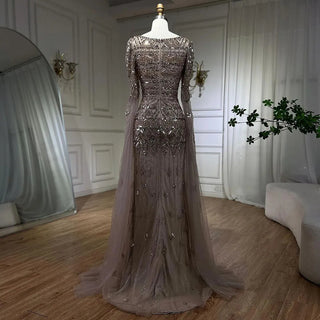 Caramel Mermaid Long Evening Dress with Beaded Cape Sleeves - Elegant Gown for Women's Wedding Party