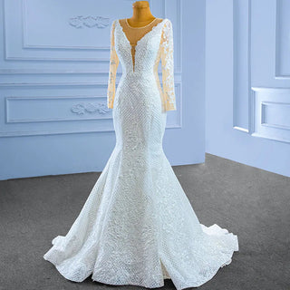 Elegant Embroidered Long Sleeve Mermaid Wedding Gown