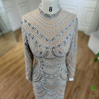 2024 Muslim Nude Elegant Mermaid High Split Beaded Luxury Evening Dress - Gown for Women's Wedding Party