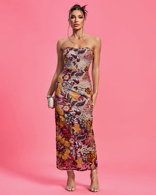 Ships in 1 to 3 Days -Strapless Floral Sequin Embellished Midi Dress