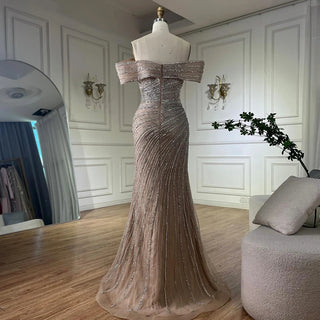 Silver Nude Mermaid Beaded Evening Dress with High Split – 2025 Customized Arabic Elegance