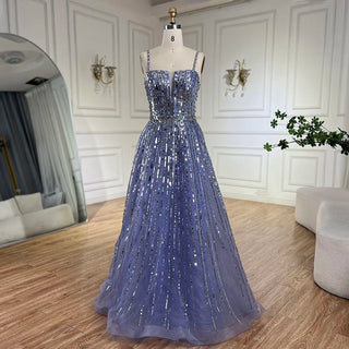 2024 Arabic Blue A-Line Elegant Beaded Luxury Evening Gowns for Women with Detachable Cape Sleeves | Party