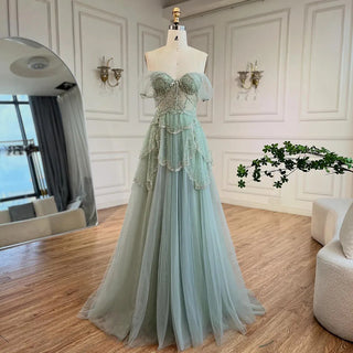 Ships in 1 to 3 Days - Arabic Sage Green A-Line Elegant Spaghetti Strap Luxury Beaded Evening Dress for Women Wedding Party 2024