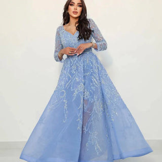 Arabic Blue A-Line Evening Dress - Long Sleeves with Luxury Beading for Woman's Party 2024