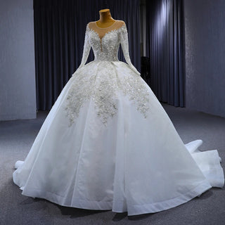 Gorgeous Sequins Beaded Long Sleeve Puffy Ball Gown Wedding Dress