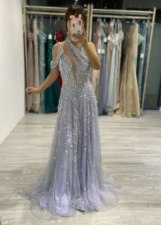 Stylish Light Purple Halter A-Line Evening Gown - Exclusive Off-Shoulder Beaded Tulle Dress with Sparkling Sequins for Women’s Parties