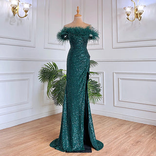 Green Sexy Mermaid High Split Feathers Evening Gown: Formal Luxury for Women's Wedding Party 2024