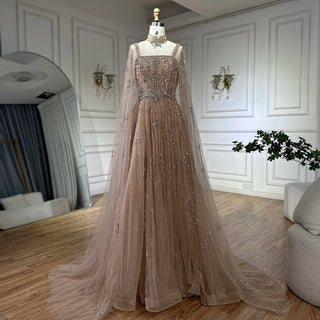 Ships in 2 to 5 Days - Arabic Nude A-Line Cape Sleeve Crystal Beaded Saudi Evening Dresses for Occasion