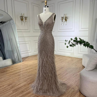 Luxury Dubai Caramel Spaghetti Strap Evening Dresses with Feathers For Women’s Wedding Party