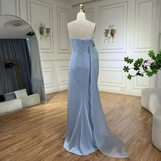 Blue Satin Mermaid One-Shoulder Evening Dress - Elegant Cap Sleeve Beaded Gown for Women's Party with High Slit