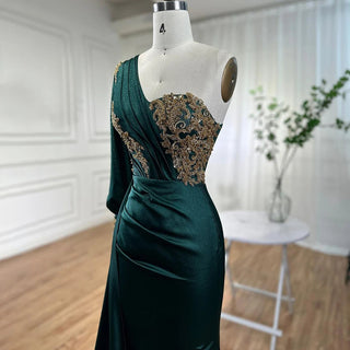 Green One Shoulder Satin Arabic Evening Dress - Women's Party Gown 2024