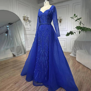 Ships in 1 to 3 Days - Muslim Royal Blue A-Line Sweetheart Beaded Evening Dress - Luxury Dubai Gown for Women Wedding Party