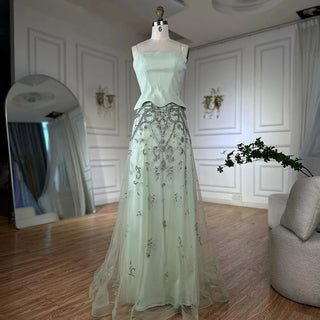 Sage Green Strapless Beaded A-Line Evening Gown – 2025 Saudi Arabic Luxury Dress