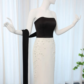 Elegant Black and White Strapless Evening Dress with Cape - 2024 Luxury Beaded Arabic Gown for Women’s Wedding Parties