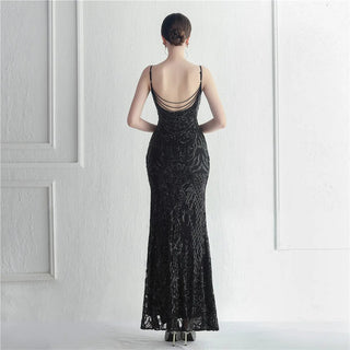 Backless Sexy Slit Long Sequin Evening Dress - Luxury Beaded Stretch Sleeveless Cocktail Party Prom Dress