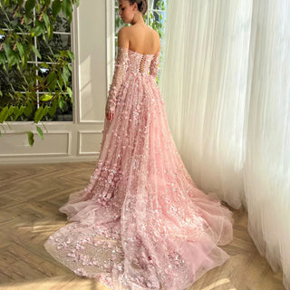 Ships in 1 to 3 Days - 2024 Pink Strapless Back Lace-Up Mermaid Evening Gown with Overskirt and Appliques for Women Wedding Party