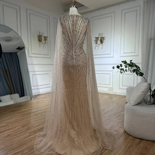 Ships in 2 to 5 Days - 2025 Nude Saudi Arabic Beaded Evening Gown with Cape Sleeves – Customized Elegance