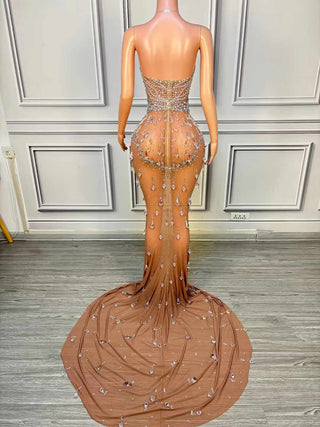 Luxury Crystal-Embellished Sheer Evening Gown