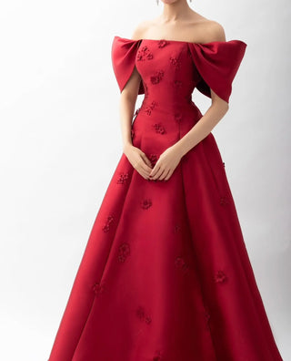 Off-Shoulder Wine Red Arabic Evening Dress with 3D Flowers for Dubai Women’s Wedding, Engagement, and Party Gowns