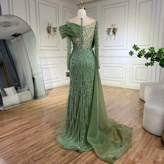 Olive Green Mermaid Floor-Length Luxury Beaded Pearls Evening Gown for Women - Wedding Party 2024