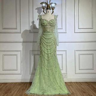 2024 Arabic Sage Green Sweetheart Mermaid Pearls Beaded Luxury Dubai Evening Gown for Women's Party