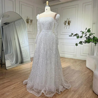 Dubai White A-Line Luxury Evening Dress with Pearls and Beaded Long Sleeves - Women's Wedding Party Gown 2024