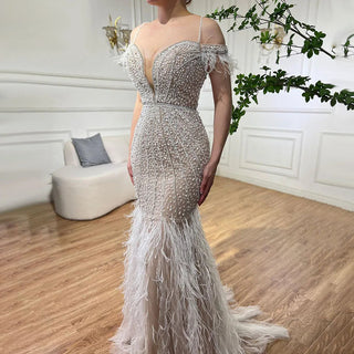 White Swan Opulence: Sexy Beaded Mermaid Evening Dress with Luxury Feathers - 2024