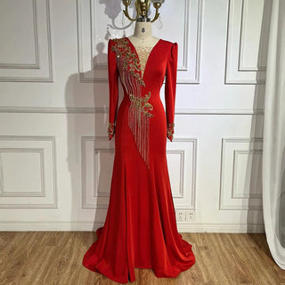 Arabic Red Mermaid Elegant Tassel Beaded Luxury Dubai Evening Dresses Gowns 2024 For Women Wedding Party