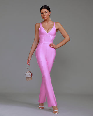 Ships in 1 to 3 Days -Sleek Satin V-Neck Jumpsuit with Wide-Leg Design