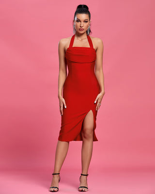 Ships in 1 to 3 Days -Bold Red Halter Midi Dress with Side Slit