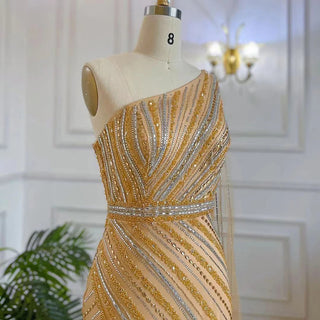 Gold Elegant Mermaid Evening Dress: 2024 Luxury Beaded with One Shoulder Cape Sleeve and High Split