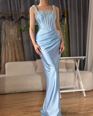 Saudi Blue Crystal Beaded Spaghetti Strap Mermaid Evening Dress Gown with Split for Formal Occasion