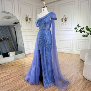 Arabic Blue One-Shoulder Yellow High-Split Mermaid Beaded Evening Gown for Women Wedding Party 2024