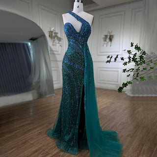 Ships in 1 to 3 Days - Blue Green Mermaid High Split One Shoulder Beaded Long Evening Dresses Gowns for Women Wedding Party