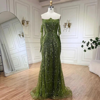 Dubai Arabian Green Luxury Evening Gown 2024 - Strapless Mermaid Dress with Gloves for Women's Wedding Parties