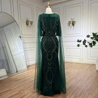 Dubai Arabic Green Mermaid Evening Dress with Elegant Luxury Beaded Cape Sleeves for Women's Party 2024