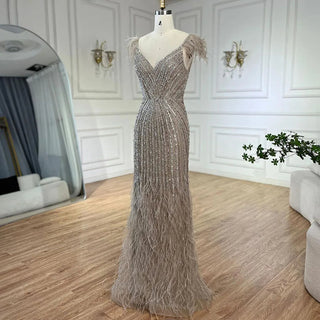 White Nude Feathers Beaded Spaghetti Strap Luxury Dubai Evening Dresses Gowns For Women Wedding Party 2024